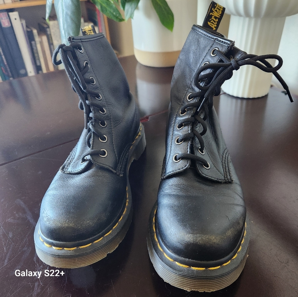 Dr. Doc Martens Black Leather Women's Combat Boots with Yellow Stitching, Size 7